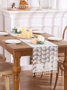 1pc White Lace Table Runner With Fringe And Leaf Pattern For Wedding Party Decoration - Black and White - View 5