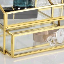 1pc Nordic Style Gold-Plated Makeup Vanity Organizer With Glass Desktop Drawer For Jewelry, Watches And Cosmetics Storage - Gold - View 5