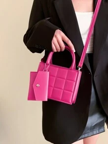 字母印花2入組迷你時尚手提方形包，新款實色格紋拼接休閒女士包，多功能肩背包 - 玫紅色 - 查看 5