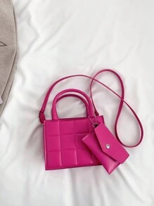 字母印花2入組迷你時尚手提方形包，新款實色格紋拼接休閒女士包，多功能肩背包 - 玫紅色 - 查看 8