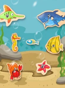 1set Wooden Magnetic Fishing Toys For Baby, Cartoon Marine Life Cognition Fish Games Education Parent-Child Interactive