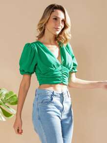 Women's Cropped Blouse / Princess Sleeves / Draped Blouse / Tie Back / With Built-In Bra - màu xanh lá - Xem 3
