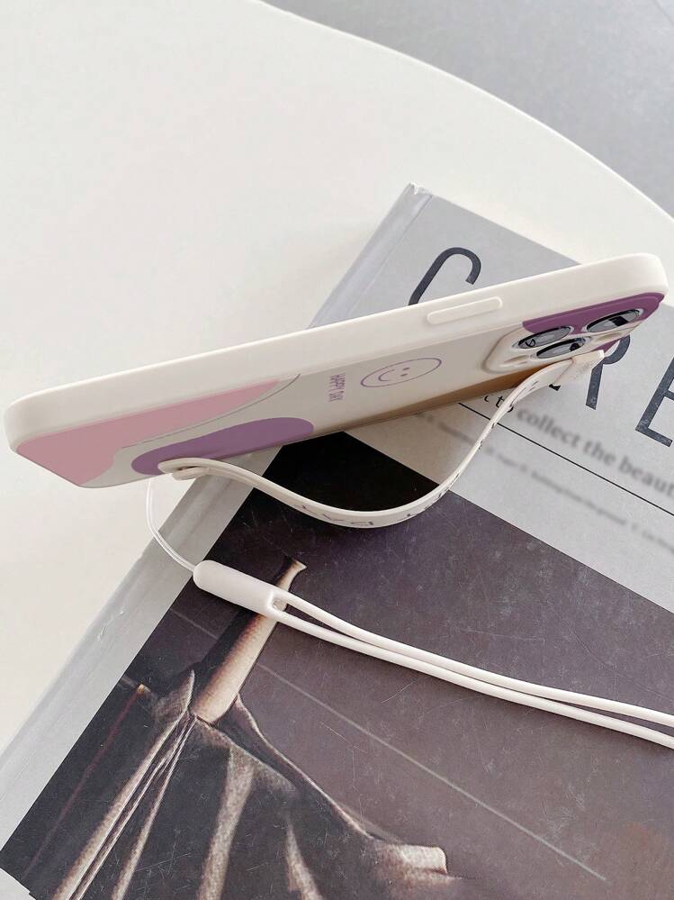 1pc White Tpu Cute Smiling Face Wrist Strap Painting Phone Case, With Stand Function And Hand Strap, Compatible With Iphone Compatible With Redmi Note12 Waterproof Shockproof Anti-Fall Scratch Resistant,International Version, Not The Domestic Version - Multicolor - View 4