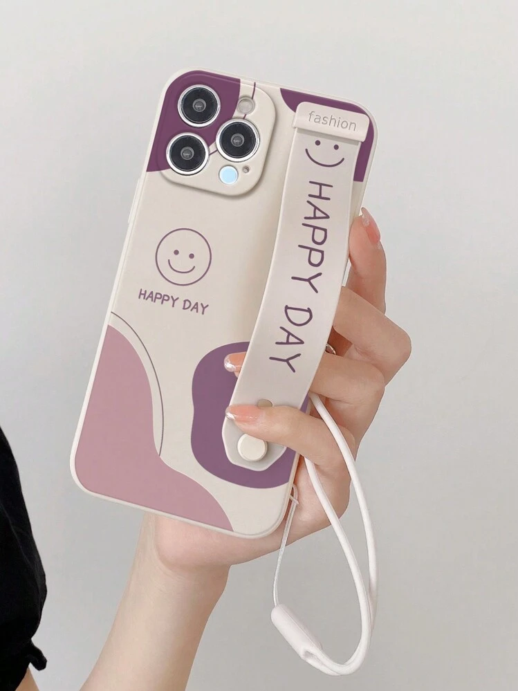 1pc White Tpu Cute Smiling Face Wrist Strap Painting Phone Case, With Stand Function And Hand Strap, Compatible With Iphone Compatible With Redmi Note12 Waterproof Shockproof Anti-Fall Scratch Resistant,International Version, Not The Domestic Version - Multicolor - View 1