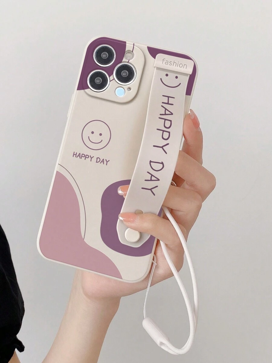 1pc White Tpu Cute Smiling Face Wrist Strap Painting Phone Case, With Stand Function And Hand Strap, Compatible With Iphone Compatible With Redmi Note12 Waterproof Shockproof Anti-Fall Scratch Resistant,International Version, Not The Domestic Version - Multicolor - View 1