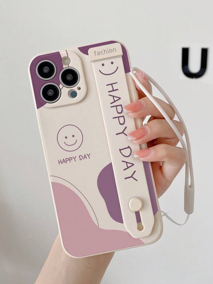 1pc White Tpu Cute Smiling Face Wrist Strap Painting Phone Case, With Stand Function And Hand Strap, Compatible With Iphone Compatible With Redmi Note12 Waterproof Shockproof Anti-Fall Scratch Resistant,International Version, Not The Domestic Version - Multicolor - View 3