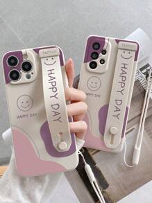 1pc White Tpu Cute Smiling Face Wrist Strap Painting Phone Case, With Stand Function And Hand Strap, Compatible With Iphone Compatible With Redmi Note12 Waterproof Shockproof Anti-Fall Scratch Resistant,International Version, Not The Domestic Version - Multicolor - View 2