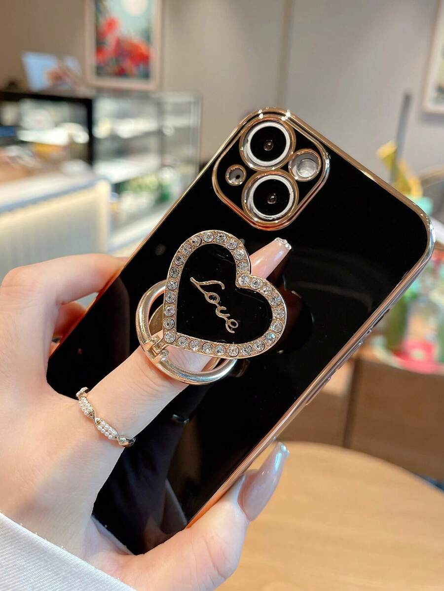 合金黑色心形元素时尚电镀金属旋转心形水晶手机壳,兼容 11、 13、 14、 14 Pro、 14 Plus、 14 Pro Max、 15、 15 Pro、 15 Pro Max、 16、 16 Pro、 16 Plus、 16 Pro Max,防水防震防摔防刮花,周年纪念礼物,生日派对礼物 - 黑色 - 查看 1