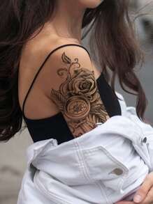 1pc Waterproof Temporary Tattoo Sticker Featuring Rose Pattern, Anchor & Compass Designs, Suitable For Men & Women's Arms And Thighs - Black - View 4