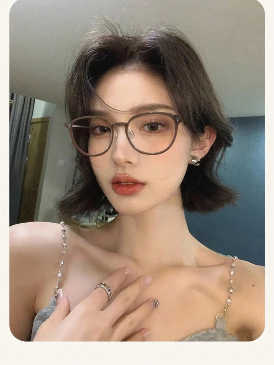 1副男女通用装饰性无度数眼镜,新款轻便复古圆形镜框眼镜,男女皆宜 - 棕色 - 查看 1