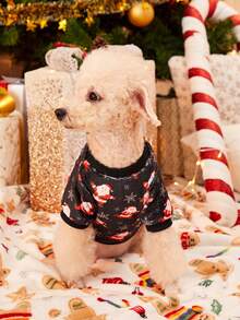 PETSIN 1 件寵物聖誕主題雪花和聖誕老人無帽運動衫,珊瑚絨製成 - 彩色 - 查看 2