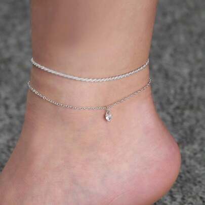 Nooxian 2 件/套白色锆石镶嵌心形链吊坠脚链配流苏，优雅风格情人节、妈妈、母亲、母亲节、礼物