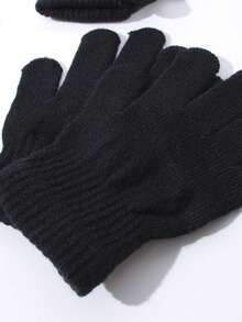 6對兒童純色針織暖手套,可指尖式設計,適用於幼稚園和小學生 - 黑色 - 查看 4