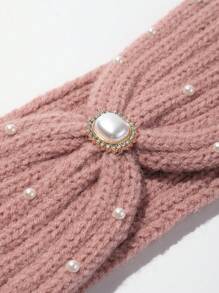 1pc Solid Color, Simple Style, Thickened Winter Headband Hair Accessory With Faux Pearl & Rhinestone Decor, Suitable For Keeping Warm And Daily Wear In Autumn And Winter - Pink - View 4