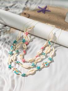 1pc Bohemian Style Colorful Seashell & Starfish Necklace For Women, Spring/Summer - Multicolor - View 3