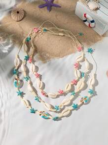1pc Bohemian Style Colorful Seashell & Starfish Necklace For Women, Spring/Summer - Multicolor - View 2