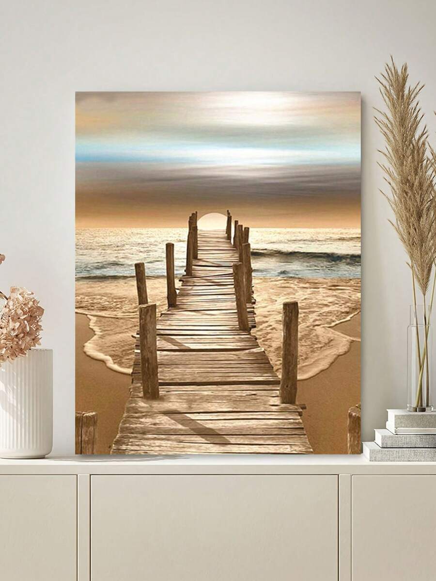 40*50cm Fashionable Digital Oil Painting Of Beach Wooden Bridge - Beige - View 1