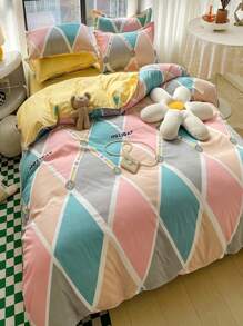 Color Block Rhombus Plaid Pattern Double Needle Quilt Cover - Multicolor - View 5