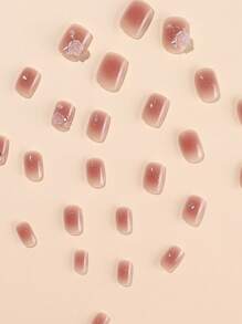 24入組短方形3d山茶花腮紅指甲貼片,附送1支指甲修護文件和1支果凍凝膠 - 彩色 - 查看 4