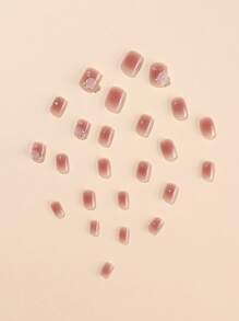 24入組短方形3d山茶花腮紅指甲貼片,附送1支指甲修護文件和1支果凍凝膠 - 彩色 - 查看 3