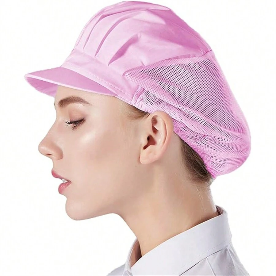 1頂粉紅色廚師帽,男女廚房防塵工作車間帽,食品工廠工作帽