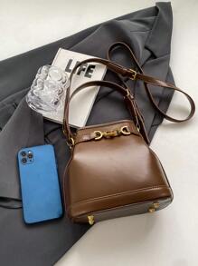 KVKY Elegant Simple Metal Lock Bucket Bag Retro Coffee Brown Shoulder Bag Women's Mini Wallet Ideal for Business Casual Work Holiday Office Vacation - Coffee Brown - View 4