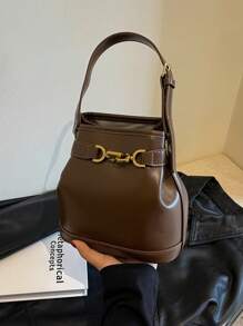 KVKY Elegant Simple Metal Lock Bucket Bag Retro Coffee Brown Shoulder Bag Women's Mini Wallet Ideal for Business Casual Work Holiday Office Vacation - Coffee Brown - View 3