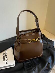 KVKY Elegant Simple Metal Lock Bucket Bag Retro Coffee Brown Shoulder Bag Women's Mini Wallet Ideal for Business Casual Work Holiday Office Vacation - Coffee Brown - View 2