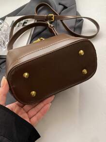 KVKY Elegant Simple Metal Lock Bucket Bag Retro Coffee Brown Shoulder Bag Women's Mini Wallet Ideal for Business Casual Work Holiday Office Vacation - Coffee Brown - View 5