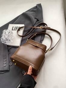 KVKY Elegant Simple Metal Lock Bucket Bag Retro Coffee Brown Shoulder Bag Women's Mini Wallet Ideal for Business Casual Work Holiday Office Vacation - Coffee Brown - View 7