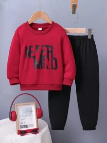 Kids' Letter Print Round Neck Sweatshirt And Sports Pants Set - Red - View 1