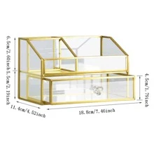 1pc Nordic Style Gold-Plated Makeup Vanity Organizer With Glass Desktop Drawer For Jewelry, Watches And Cosmetics Storage - Gold - View 3