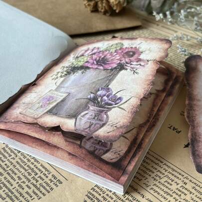 50 piezas de material de libro retro, serie de floreros de memoria con flores, línea prensada, desgarrable, borde asimétrico, flores retro, material de decoración de cuadernos, papel de fondo