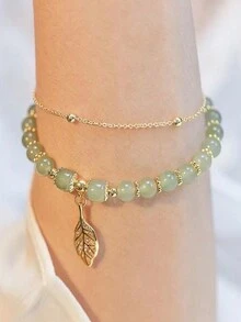1入金色枝 & 翡翠葉設計雙層手鍊,復古合金葉形女士手鍊