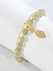 1入金色枝 & 翡翠葉設計雙層手鍊,復古合金葉形女士手鍊