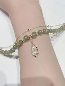 1入金色枝 & 翡翠葉設計雙層手鍊,復古合金葉形女士手鍊