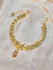 1入金色枝 & 翡翠葉設計雙層手鍊,復古合金葉形女士手鍊