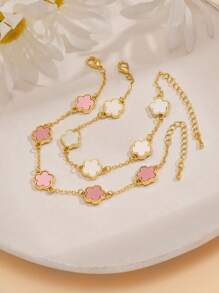 2 件简约时尚五瓣花形铜手链，适合女士，适合约会、毕业礼物、日常佩戴情人节 - 粉色 - 查看 2