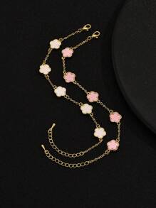 2 件简约时尚五瓣花形铜手链，适合女士，适合约会、毕业礼物、日常佩戴情人节 - 粉色 - 查看 4