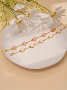 2 件简约时尚五瓣花形铜手链，适合女士，适合约会、毕业礼物、日常佩戴情人节 - 粉色 - 查看 3