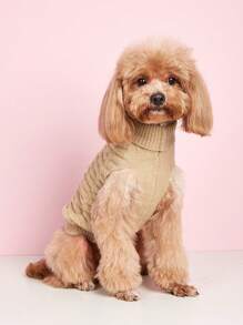 1件卡其色針織寵物毛衣,立領式,格子設計,經典純色,高彈性冬季犬貓衣服 - 卡其色 - 查看 3