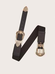 波西米亚风 1 件装女式西部牛仔风格弹力双扣腰带，适合日常穿着万圣节夏季、学校秋季、秋季、万圣节 - 黑色 - 查看 4