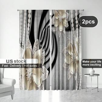 2pcs Home Decorative Curtains, Silver & Yellow Large Flower Pattern, Pole Pocket Window Treatment, Suitable For Kitchen, Coffee Shop, Living Room.