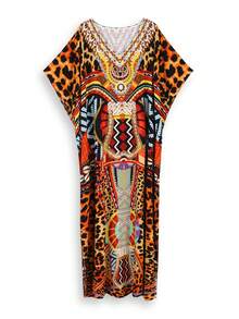 Vintage Print Split Thigh Caftan Dress - Multicolor - View 9