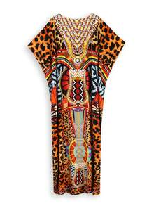 Vintage Print Split Thigh Caftan Dress - Multicolor - View 10