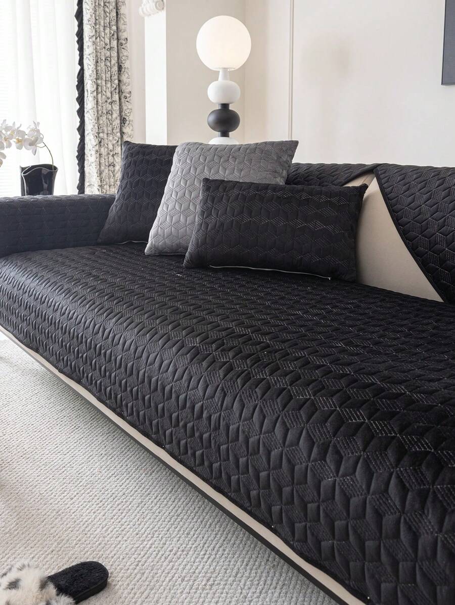 1pc Geometric 3D Solid Color Velvet Quilted Sofa Cushion, Minimalist Style With Anti-Slip Soft Multifunctional Dirt-Resistant Dust-Proof Holiday Decor Sofa Cover, Suitable For All Seasons - Black - View 1