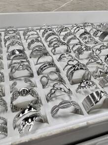 16 piezas de anillos abiertos ajustables de acero inoxidable con patrones surtidos (patrones mixtos) - Plateado - Ver 2