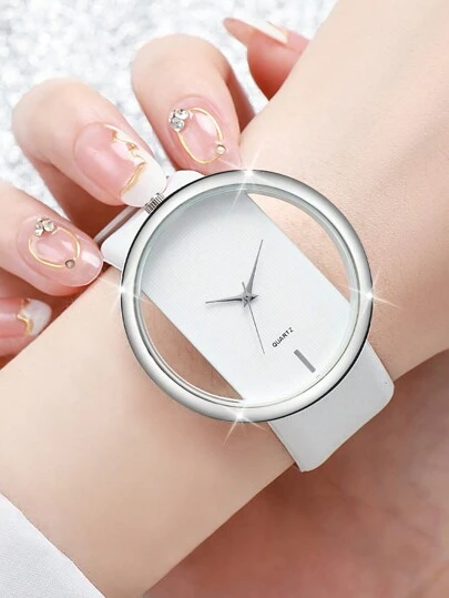 女士简约时尚石英腕表，带镂空表盘和 PU 皮革表带，可作为返校学生的礼物