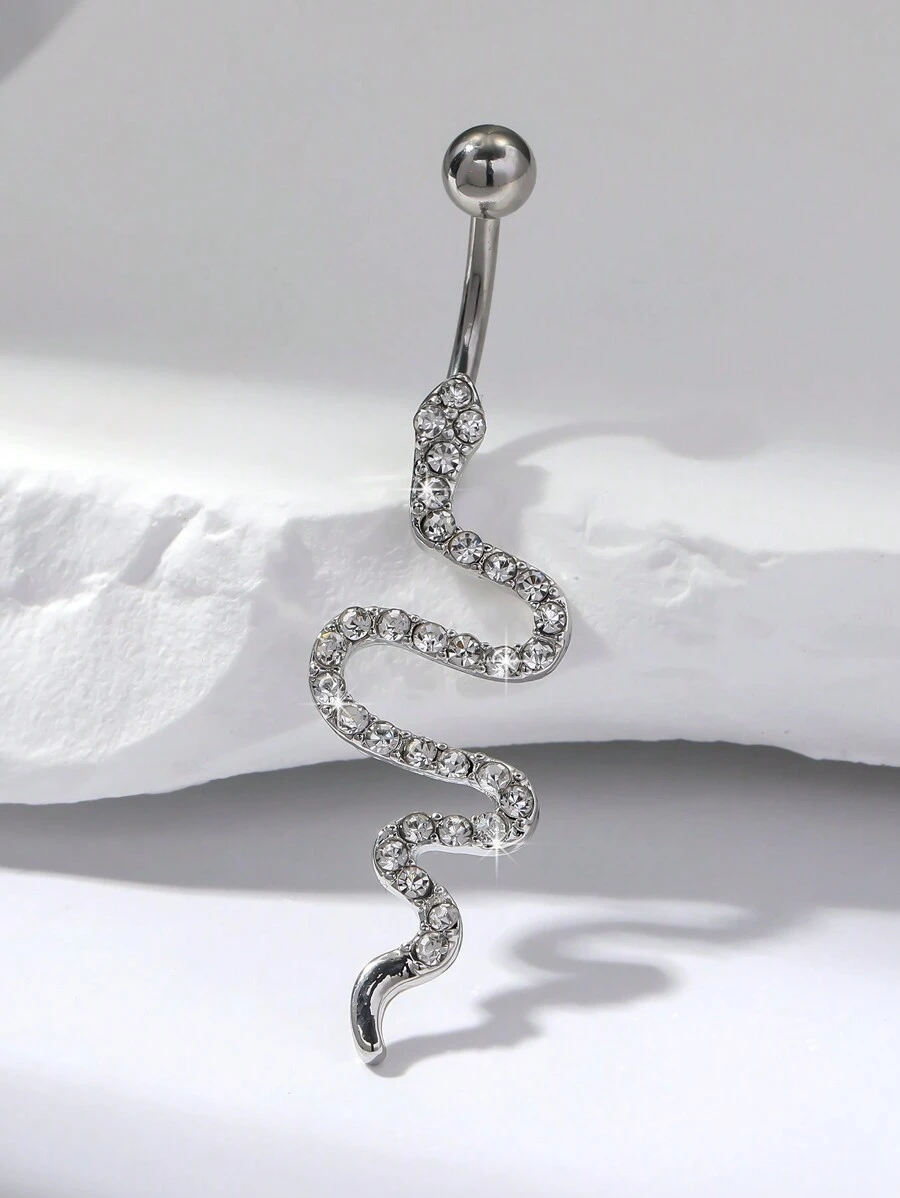 1pc Silver Luxury Belly Button Ring With Rhinestone And Snake Design For Women's Party Wear - Silver - View 1
