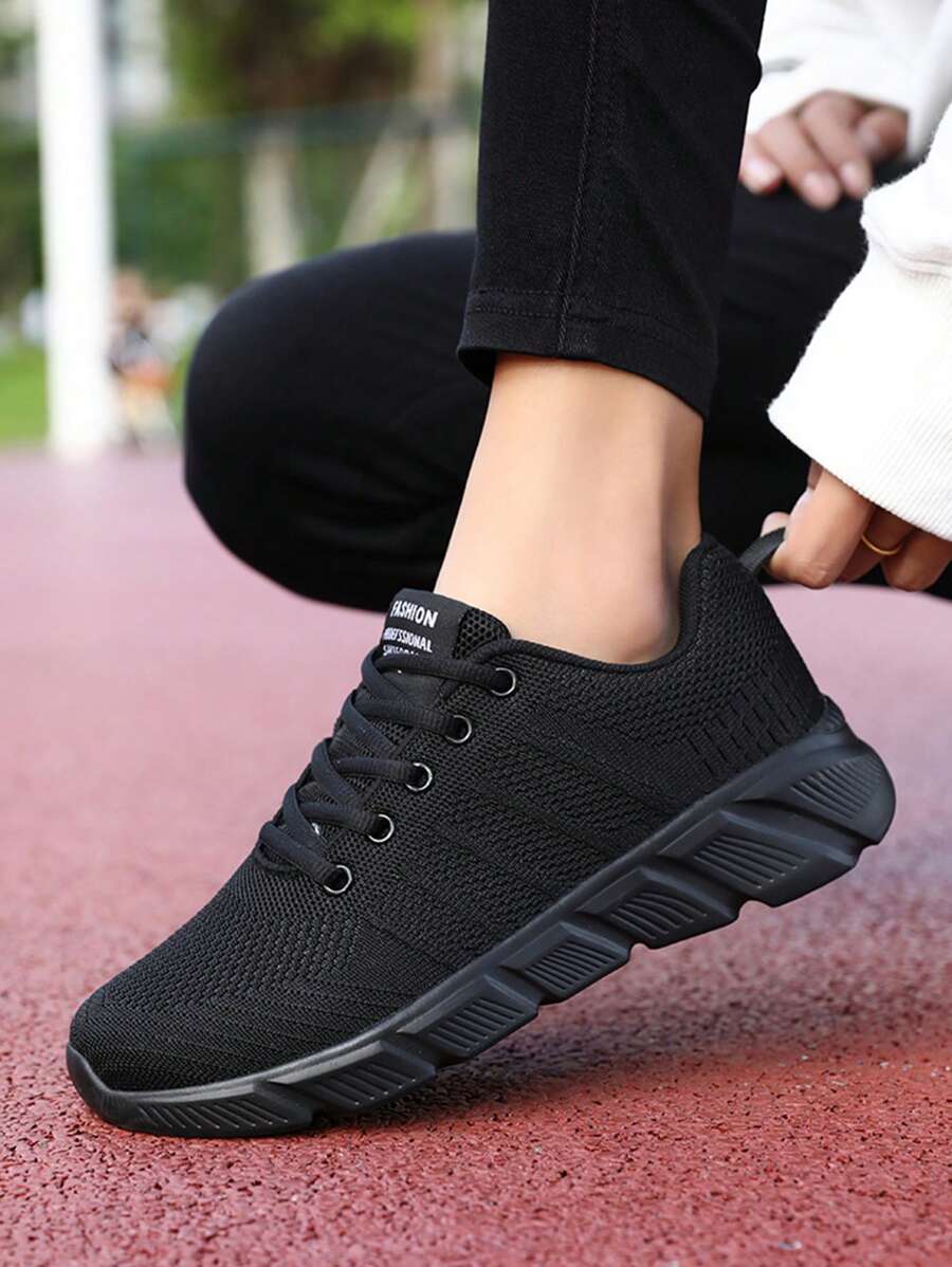 Lässige Sportschuhe für Damen, atmungsaktives Strickobermaterial, dicke Sohlen, weiche Außensohle, Schnürung vorne, leicht - Schwarz - Übersicht 1